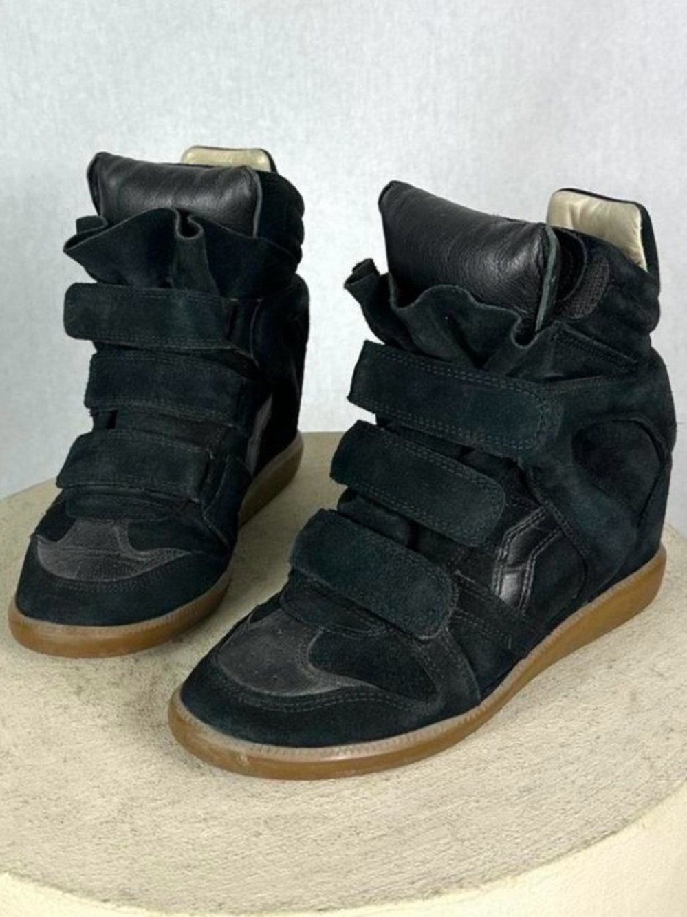Isabel Marant Black Suede Hidden Wedge Velcro High-Top Sneakers with Gum Sole